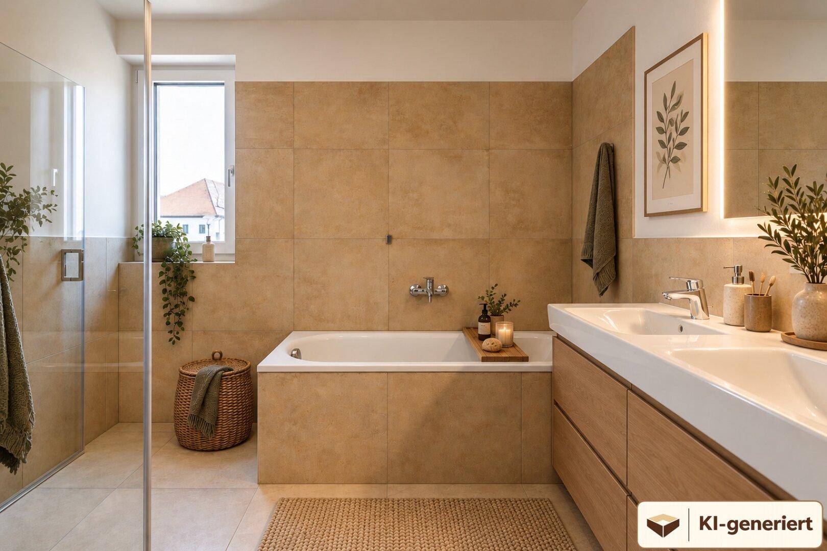 Modernes Badezimmer mit Doppelwaschbecken, Badewanne und begehbarer Dusche.