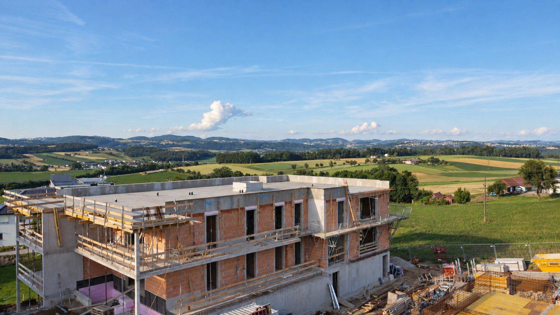 Neubau im Rohbauzustand mit weitem Blick über die hügelige Landschaft.