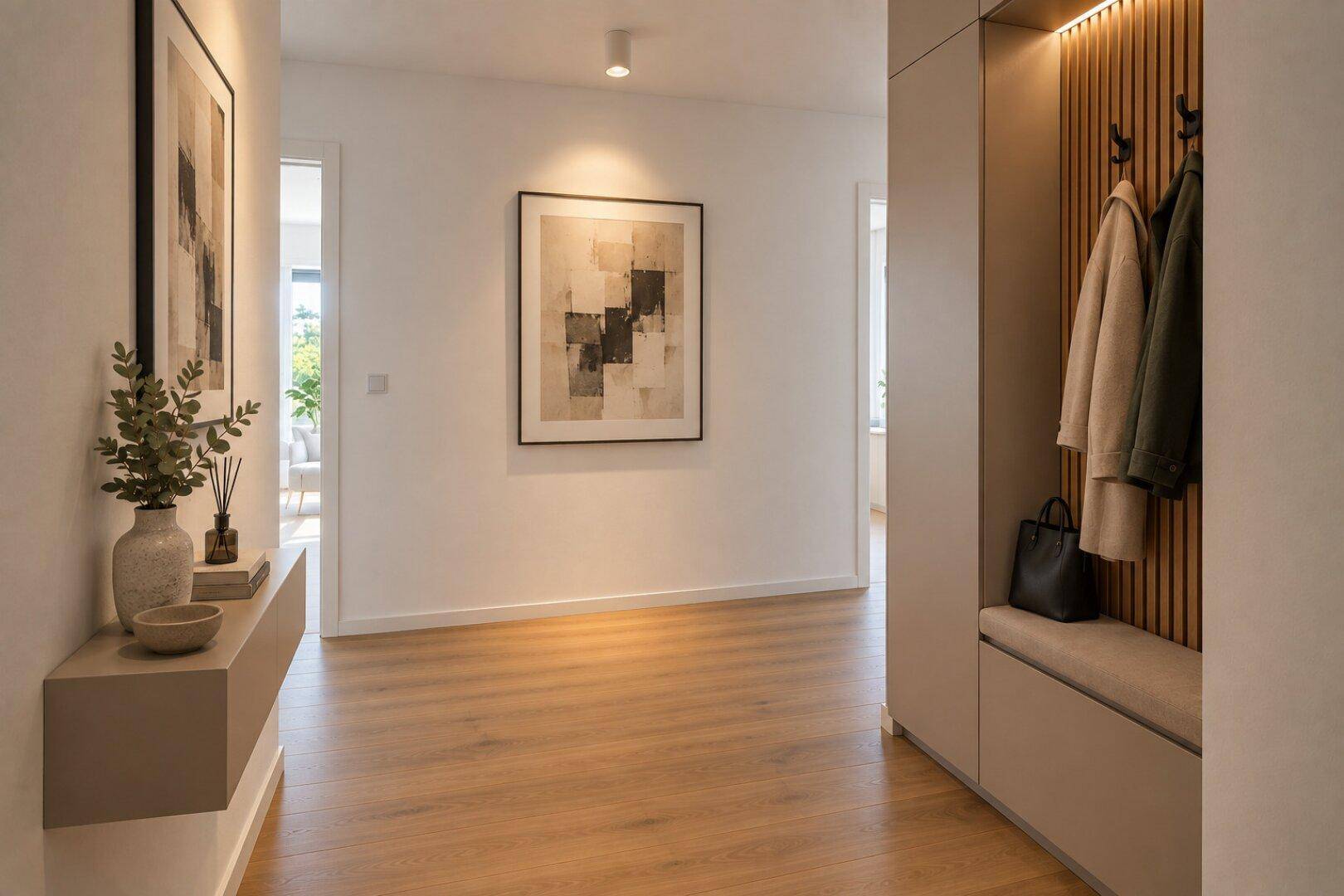 Moderner Flur mit Holzfußboden, integrierter Garderobe und stilvoller Dekoration.