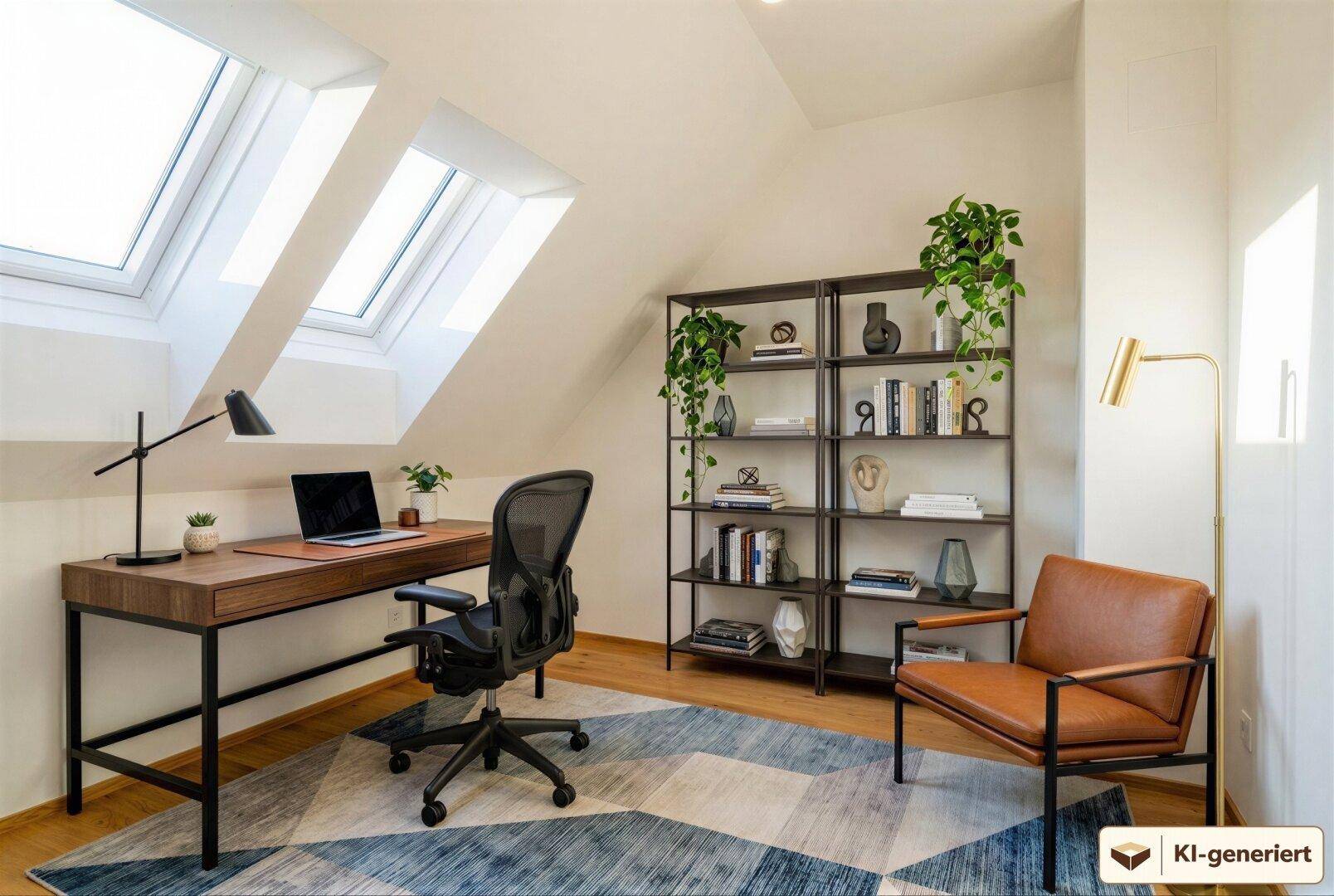 Lichtdurchflutetes Arbeitszimmer im Dachgeschoss mit mehreren Dachfenstern und modernem Mobiliar.