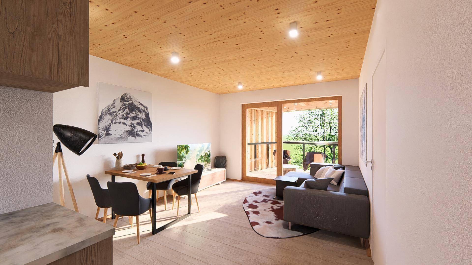 Heller Wohn-Essbereich mit Holzbalkendecke, Parkettboden und Zugang zu einem Außenbereich.