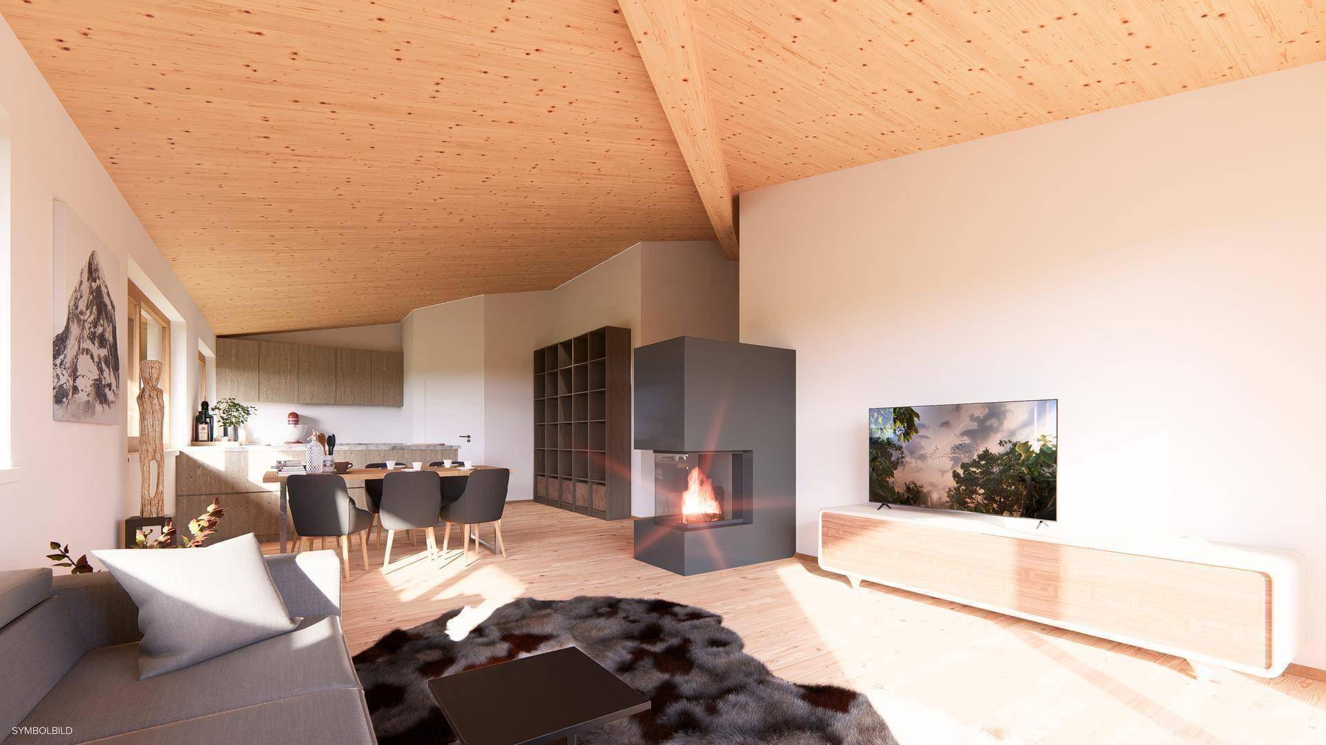 Heller Wohnbereich mit Holzdachschräge, modernem Kamin und offener Küche im Hintergrund.