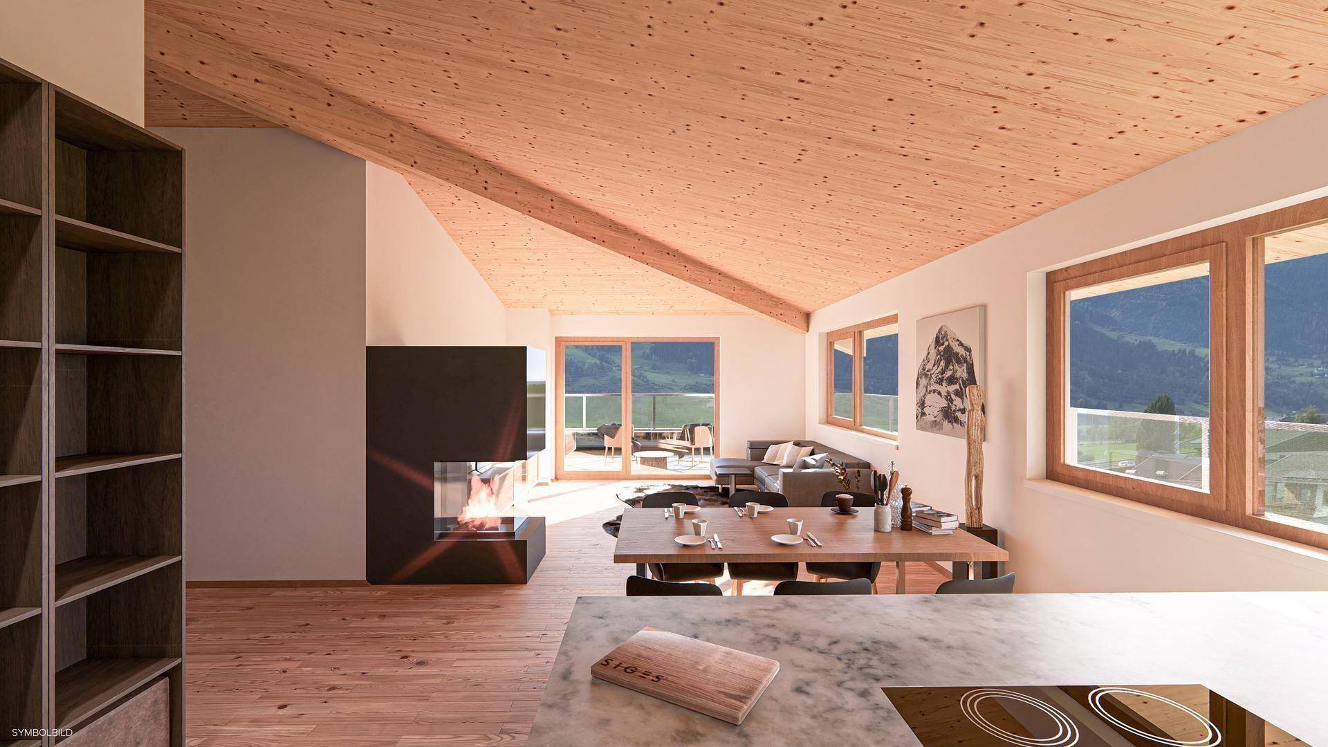 Lichtdurchfluteter Wohn-Essbereich mit Holzdachschräge, Kamin und Bergblick von der Küche aus.