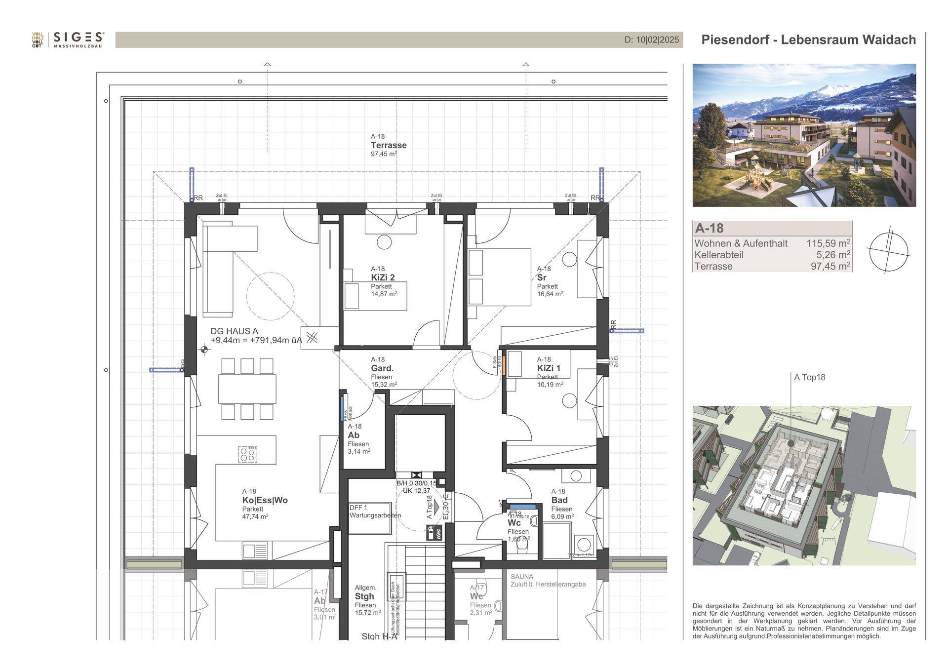 Detaillierter Grundriss einer Wohnung mit Terrasse, Balkon und mehreren Zimmern.