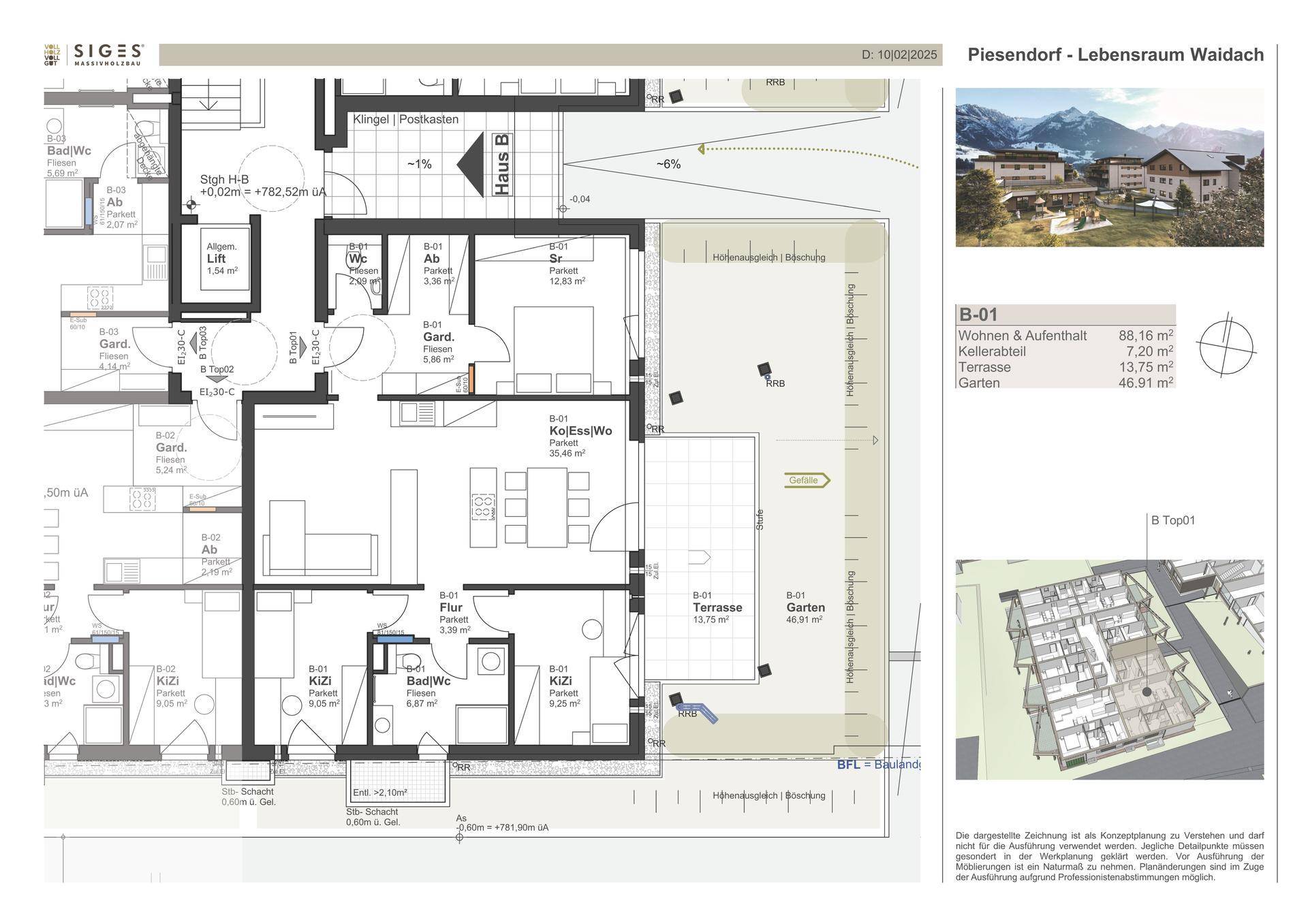 Detaillierter Grundriss einer Wohnung mit Terrasse, Garten und Liftzugang.