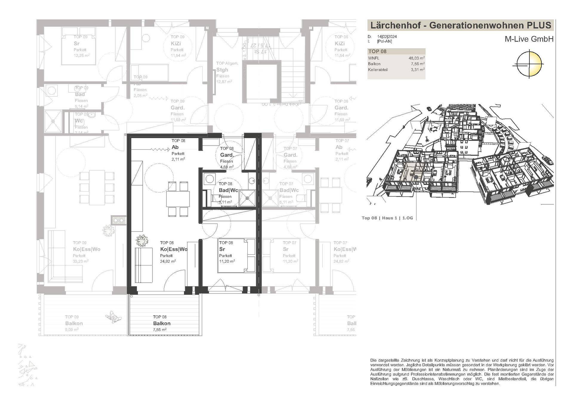 Grundrissplan einer Wohneinheit mit offenem Wohnbereich, Schlafzimmer, Bad und Balkon.