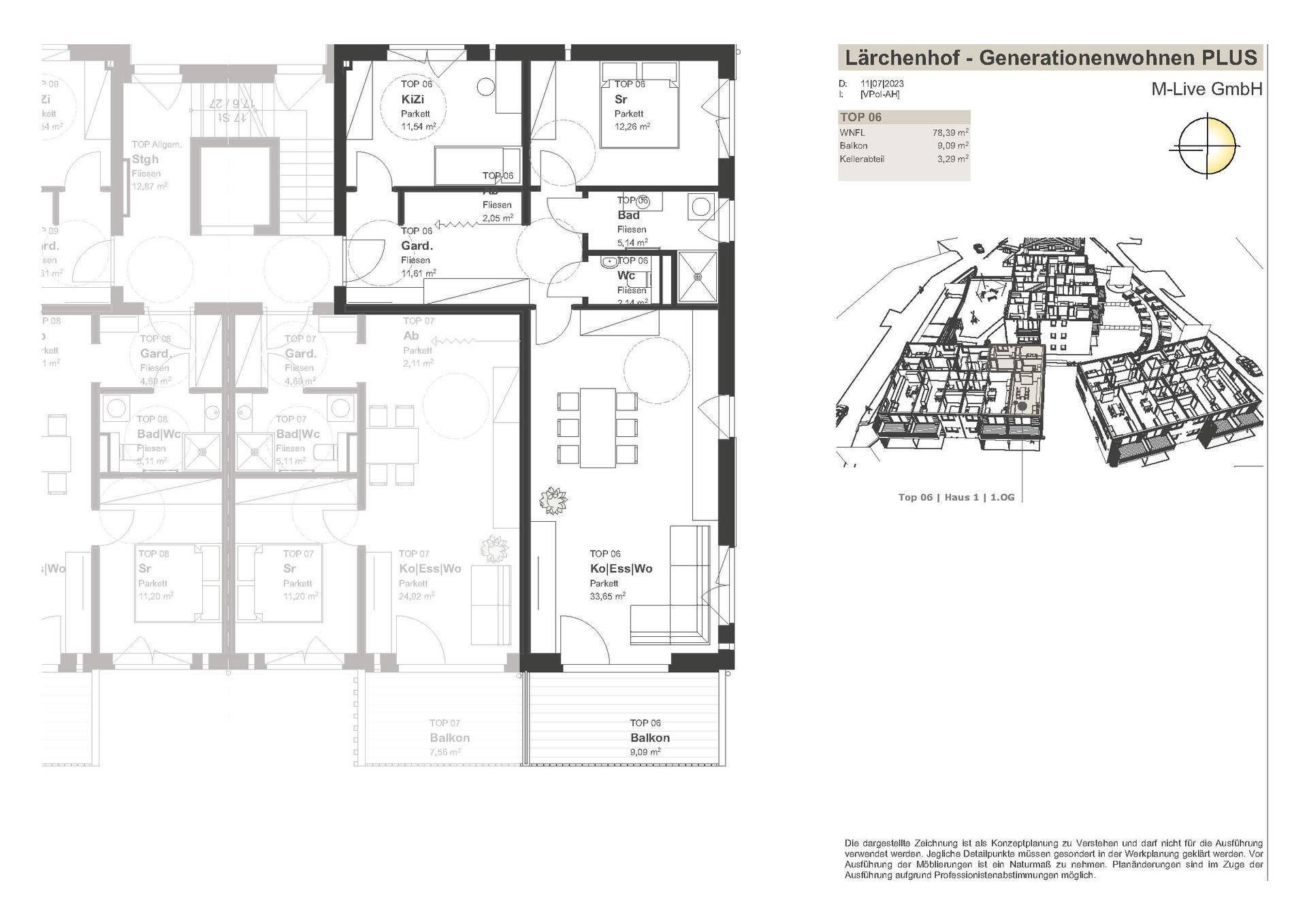 Grundriss einer Wohnung mit drei Schlafzimmern, offenem Wohnbereich und Balkon.