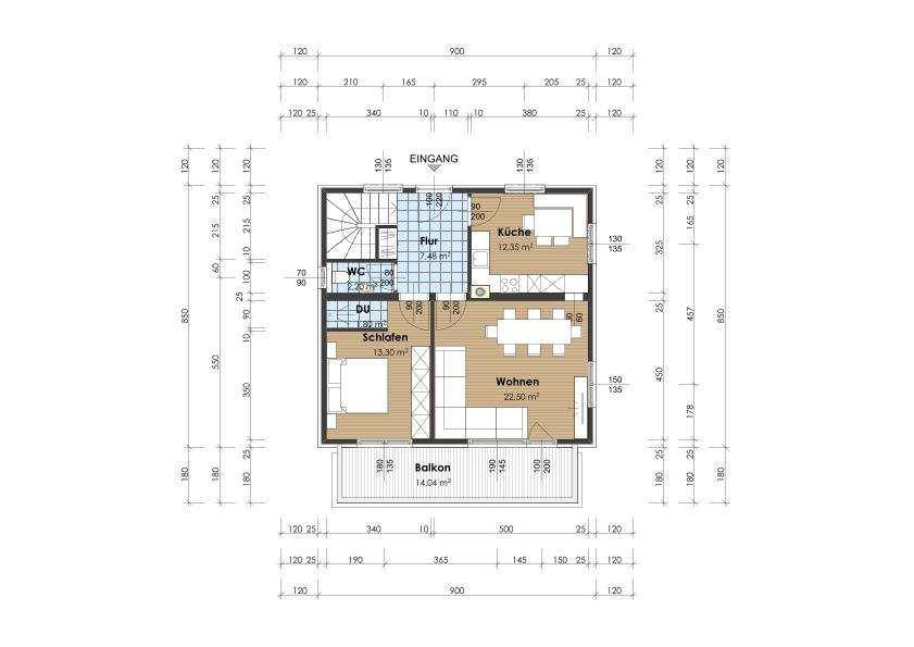 Grundriss des Obergeschosses mit offenem Wohnbereich, Küche, Schlafzimmer und Balkon.