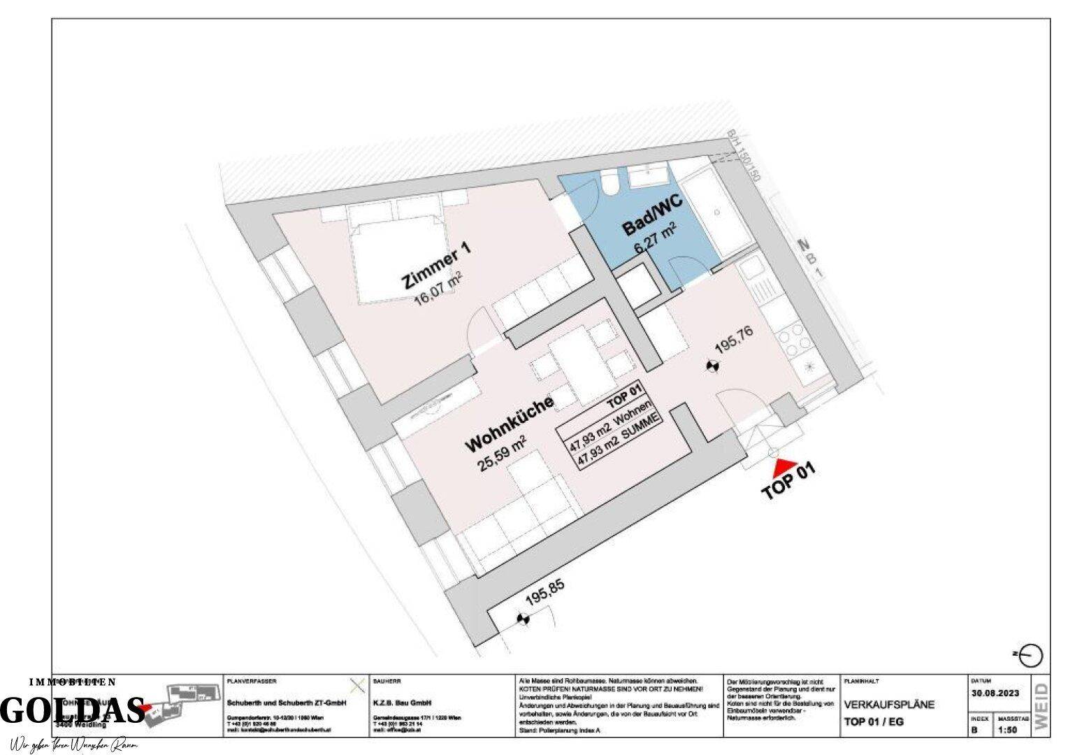 Grundriss einer Wohnung mit einem Schlafzimmer, Wohnküche und Badezimmer, Gesamtfläche 47,93 m².