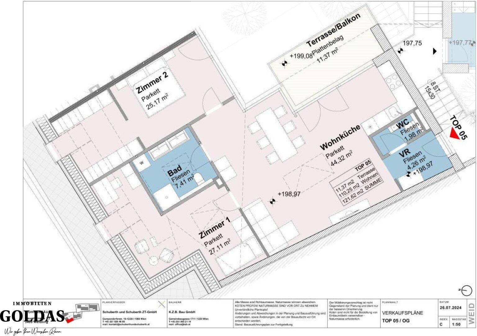 Detaillierter Grundriss einer Wohnung mit zwei Zimmern, Bad, WC und einer großzügigen Terrasse oder Balkon.