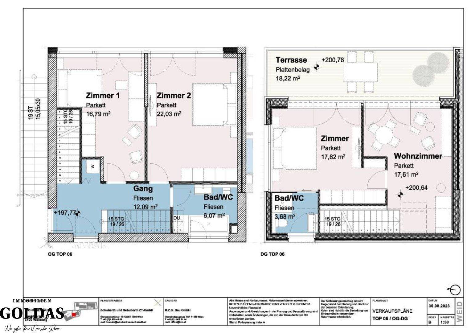 Grundriss des Obergeschosses mit Schlafzimmern, Bad/WC, Wohnzimmer und großer Terrasse.