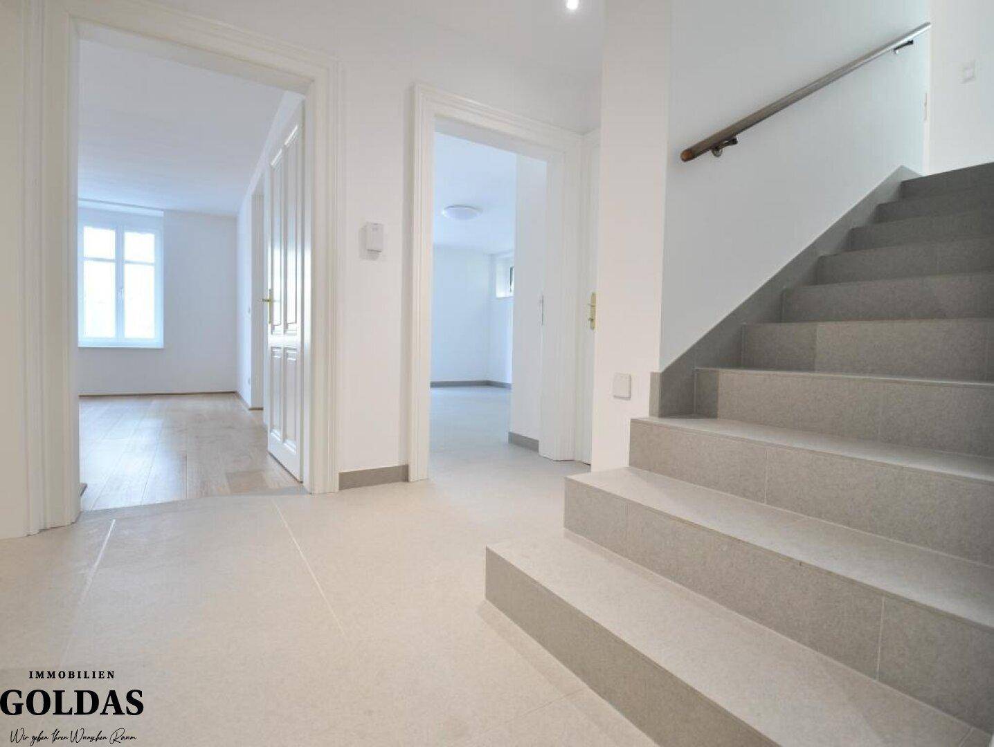 Heller Eingangsbereich mit Steintreppe und Fliesenboden, führt zu weiteren Räumen.