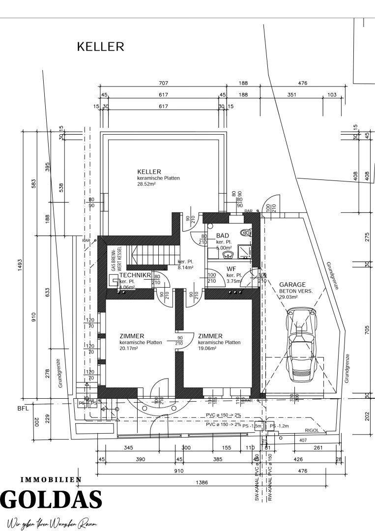 Grundriss des Kellers mit Zimmern, Technikraum, Bad und integrierter Garage.