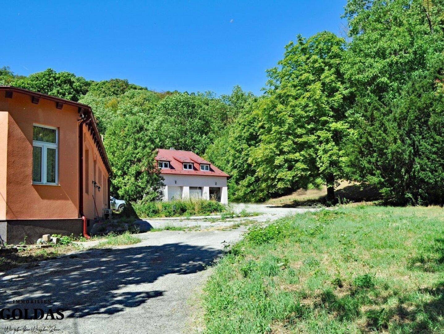 Blick auf das Hauptgebäude und das Garagengebäude in der Ferne, umgeben von üppigem Grün.