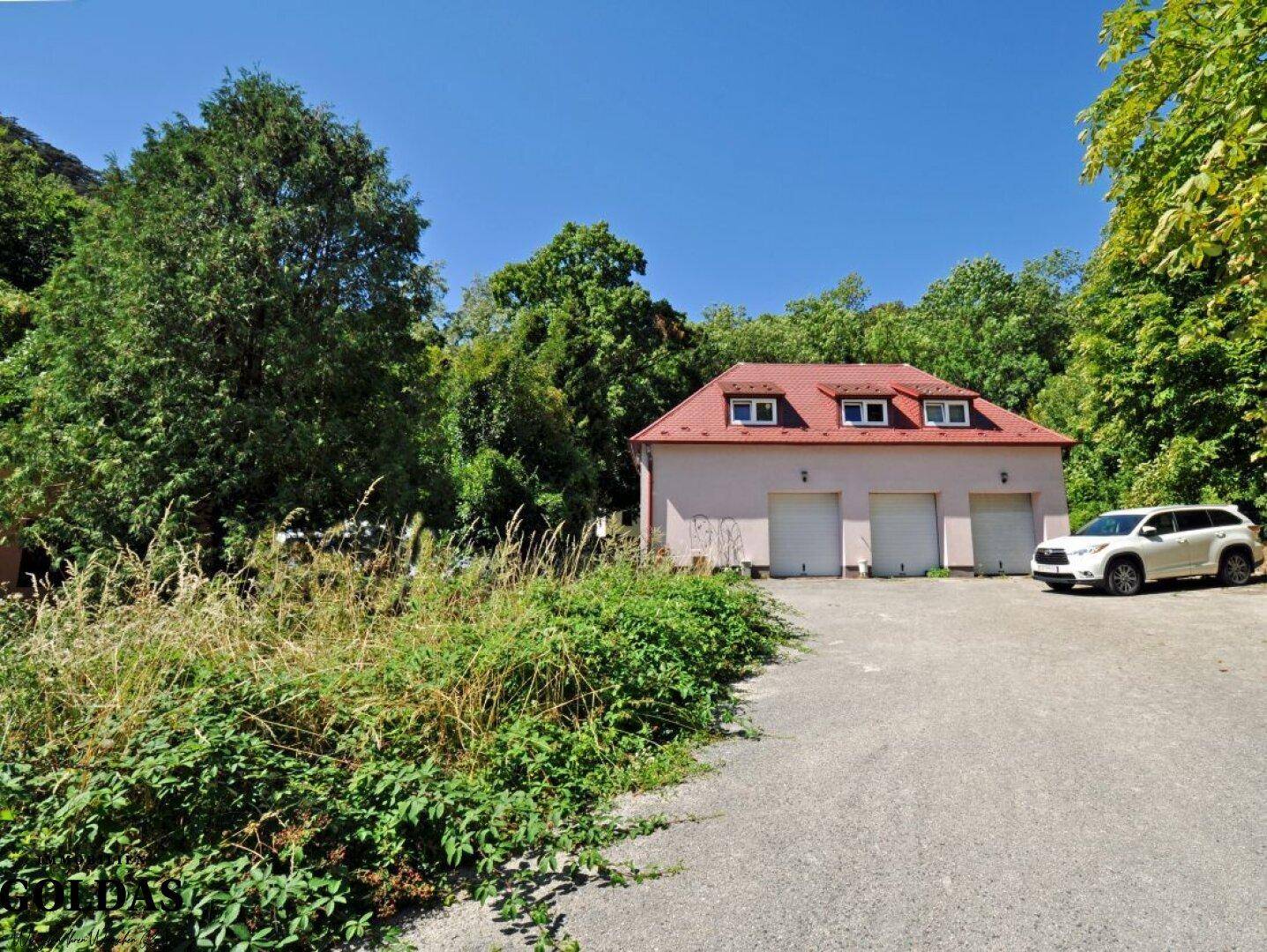 Garagengebäude mit drei Toren und einem geparkten SUV, umgeben von hohem Gras und Bäumen.