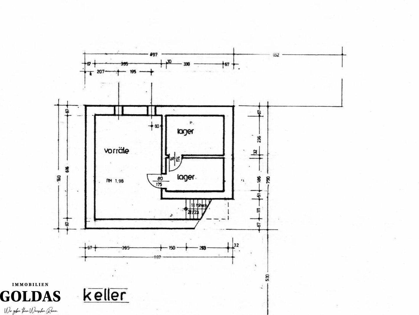 Grundriss des Kellers mit Vorratsraum und mehreren Lagerbereichen.
