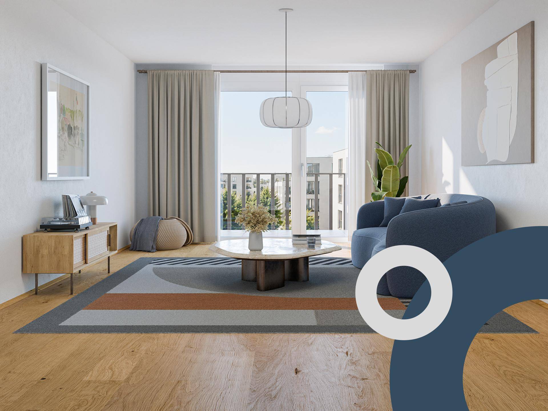 Modernes Wohnzimmer mit blauem Sessel, Holzboden und Balkonzugang.