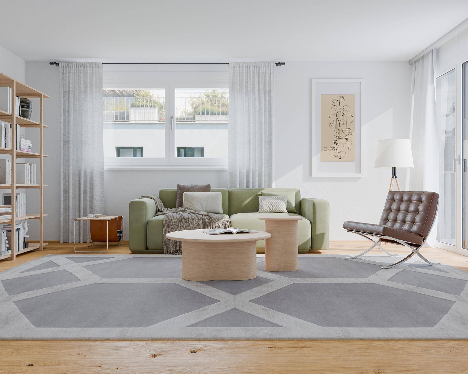 Helles, modern eingerichtetes Wohnzimmer mit bequemer Couch, Holzboden und großem Fenster.