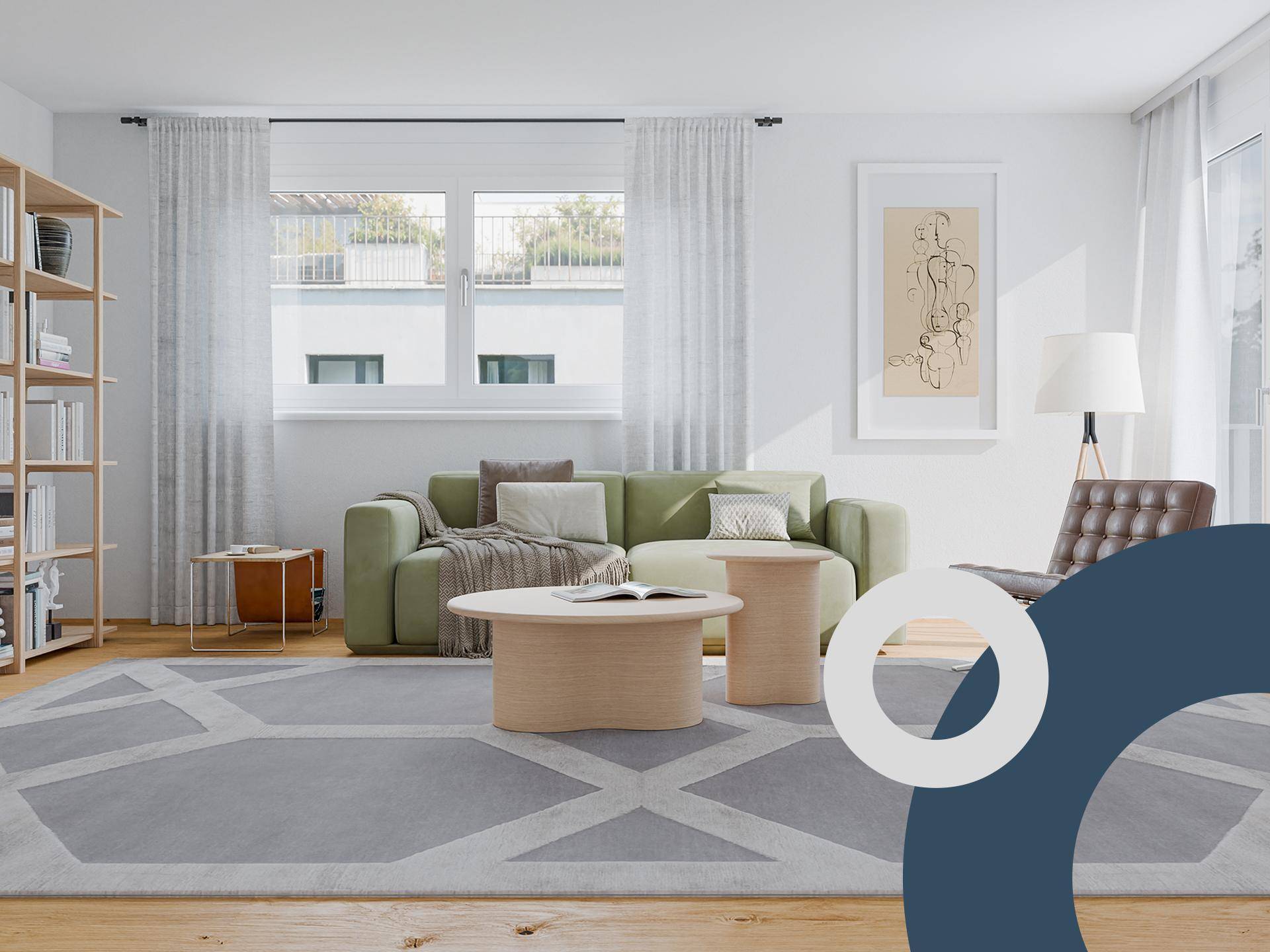 Geräumiges Wohnzimmer mit grünem Sofa, Bücherregal und Parkettboden.