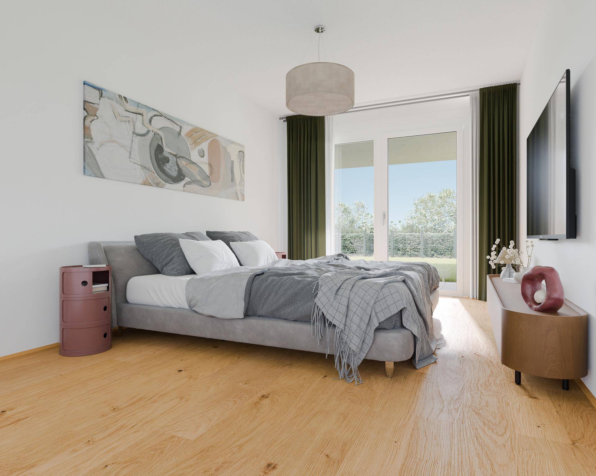 Helles Schlafzimmer mit Holzboden, großen Fenstern und Zugang zu einem Balkon oder Garten.