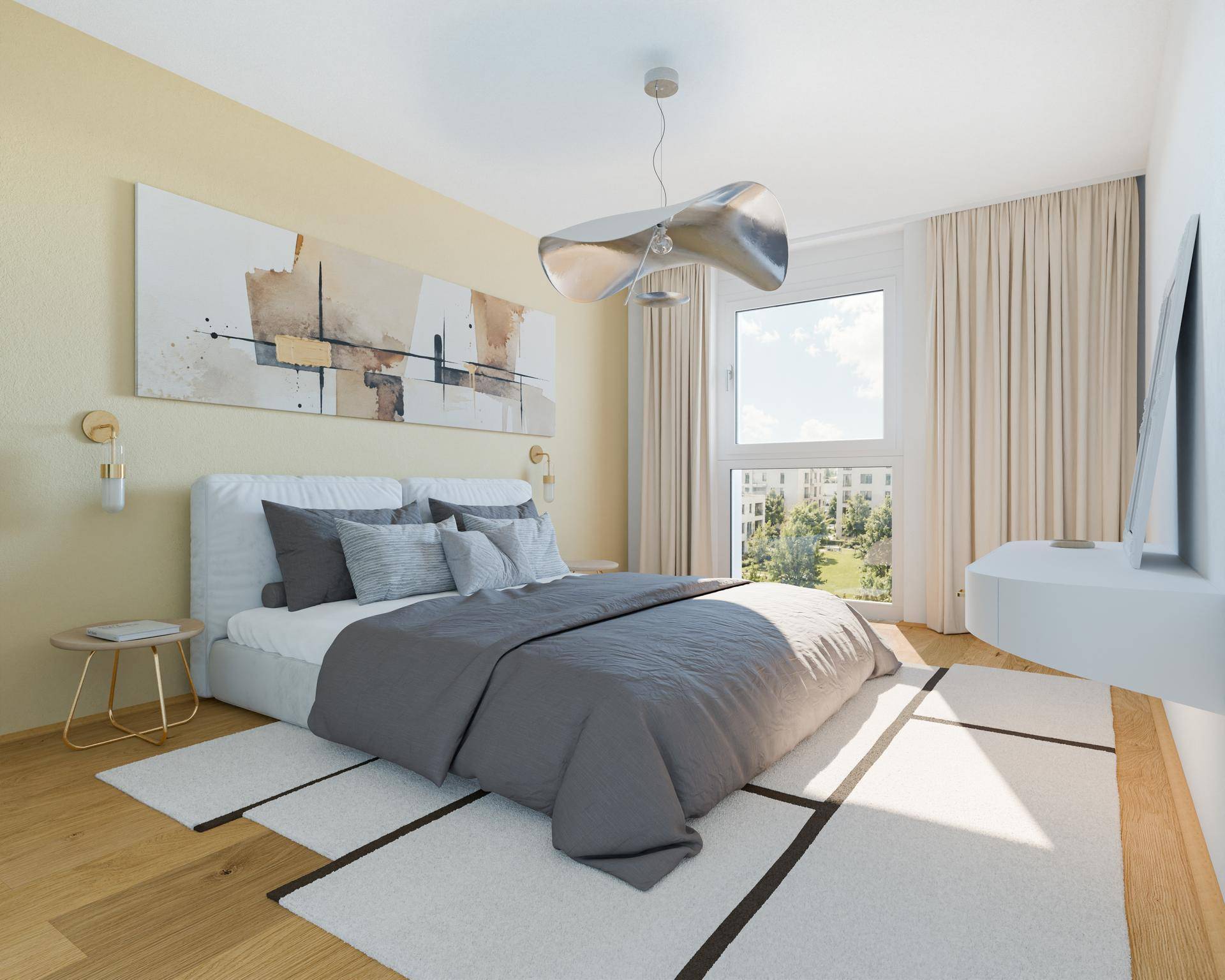 Helles Schlafzimmer mit Holzboden, großem Fenster und Blick auf die grüne Umgebung.