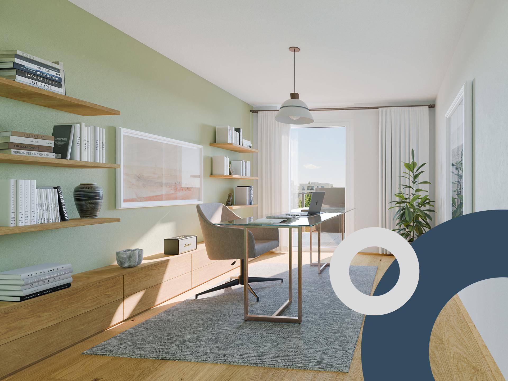 Modernes Arbeitszimmer mit Holzregalen, Schreibtisch und hellem Parkettboden.