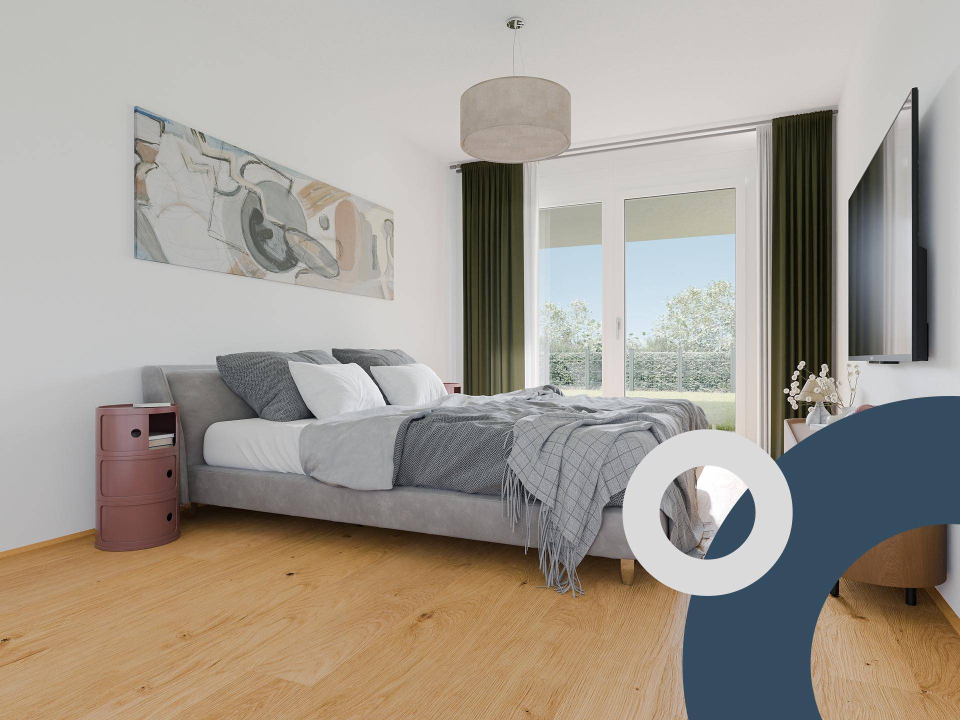Schlafzimmer mit modernem Bett, Holzboden und großen Fenstern zum Garten.