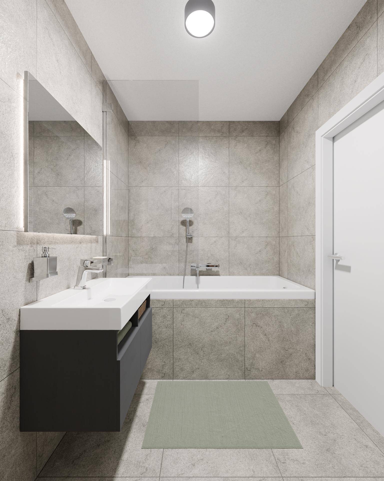 Modernes Badezimmer mit grauen Fliesen, integrierter Badewanne und einem einzelnen Waschbecken.