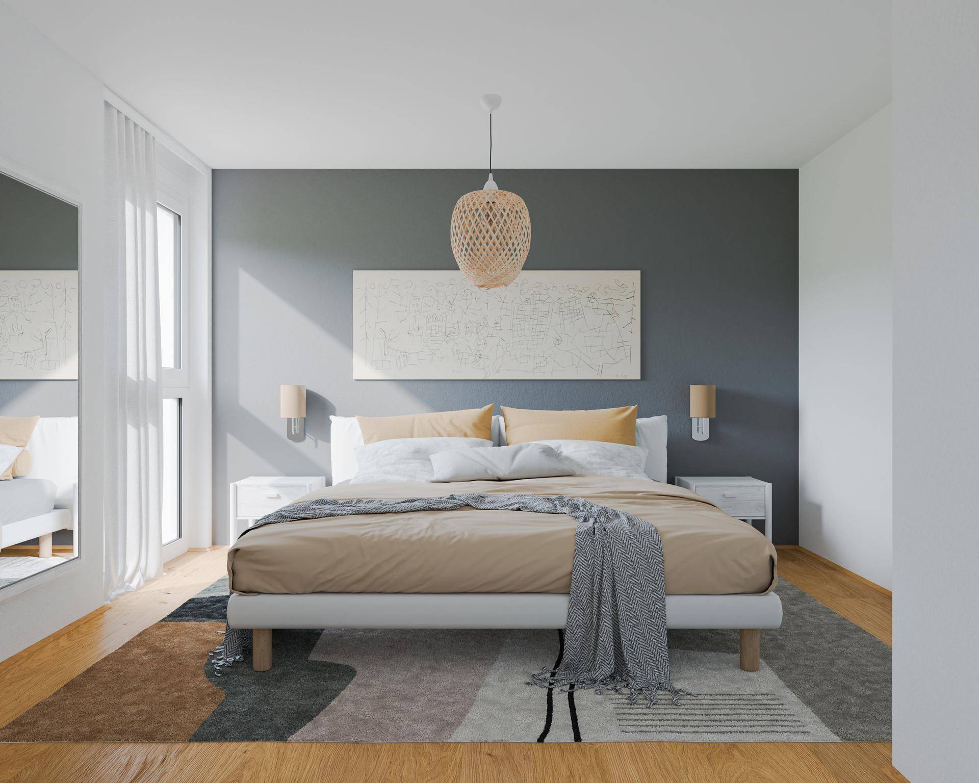 Schlafzimmer mit Holzboden, großem Bett und moderner Wandgestaltung in Grau.