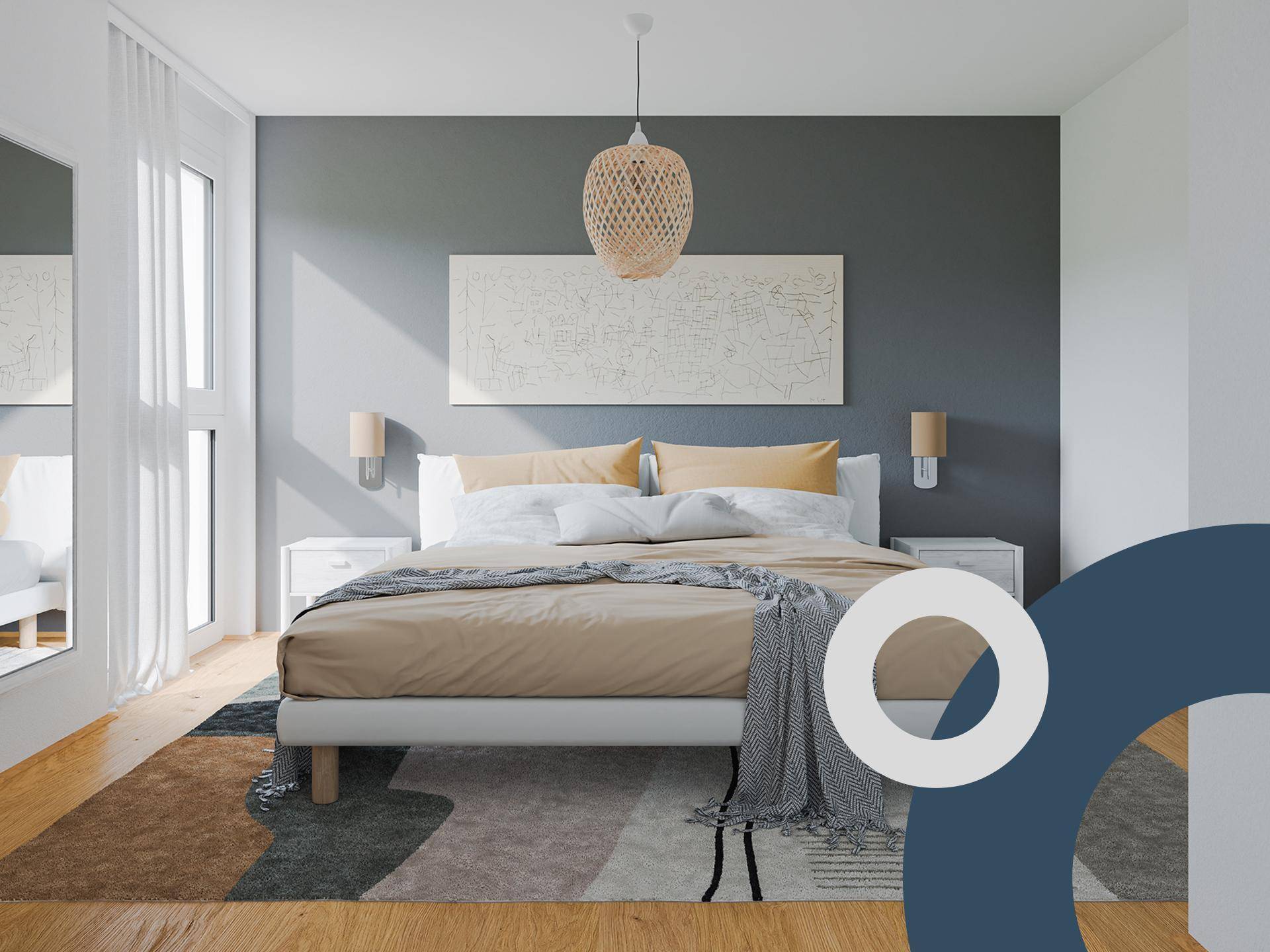 Gemütliches Schlafzimmer mit Doppelbett, grauer Wand und Holzboden.