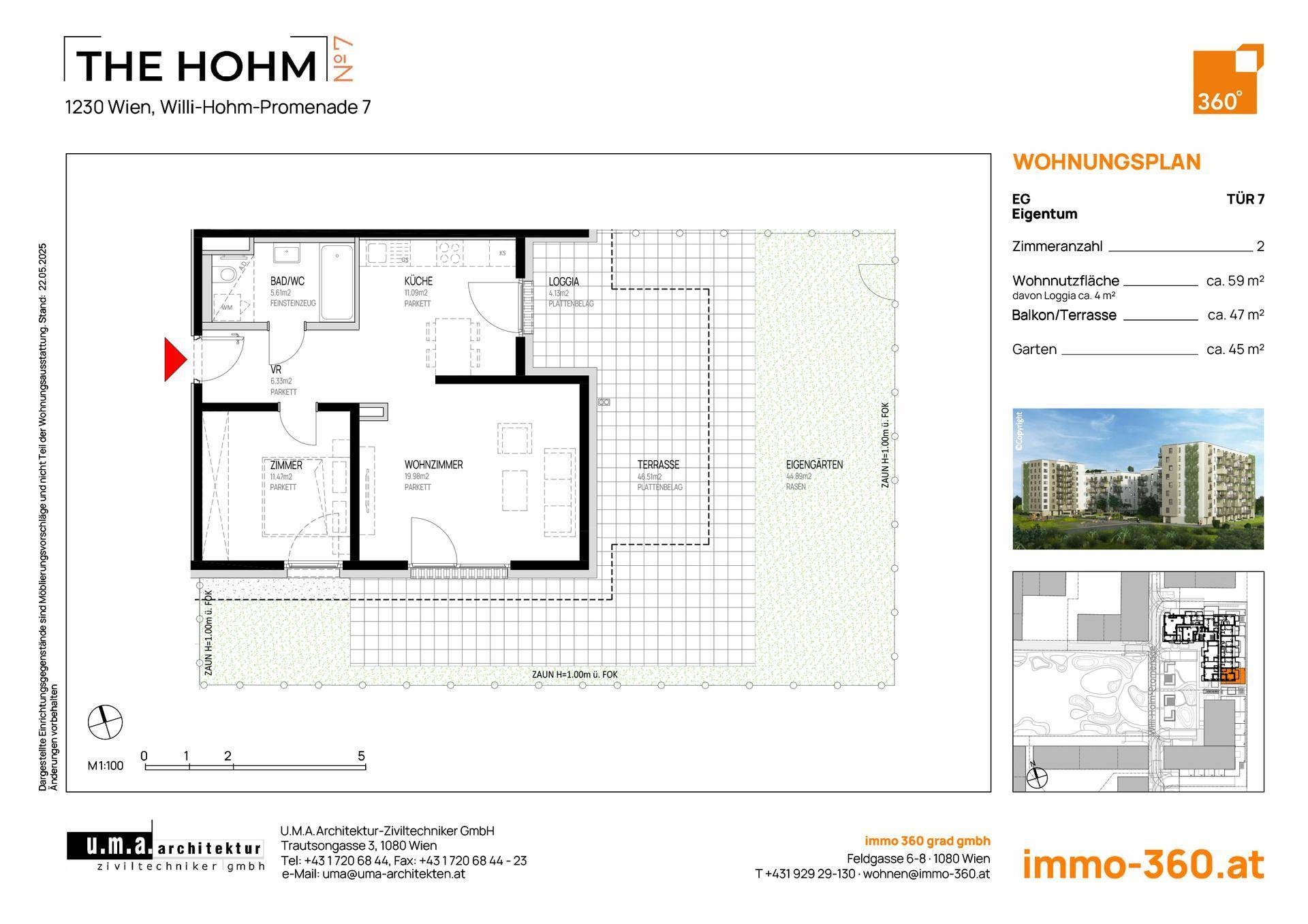 Grundriss einer Wohnung mit offenem Wohnbereich, Loggia, Terrasse und Eigengarten.