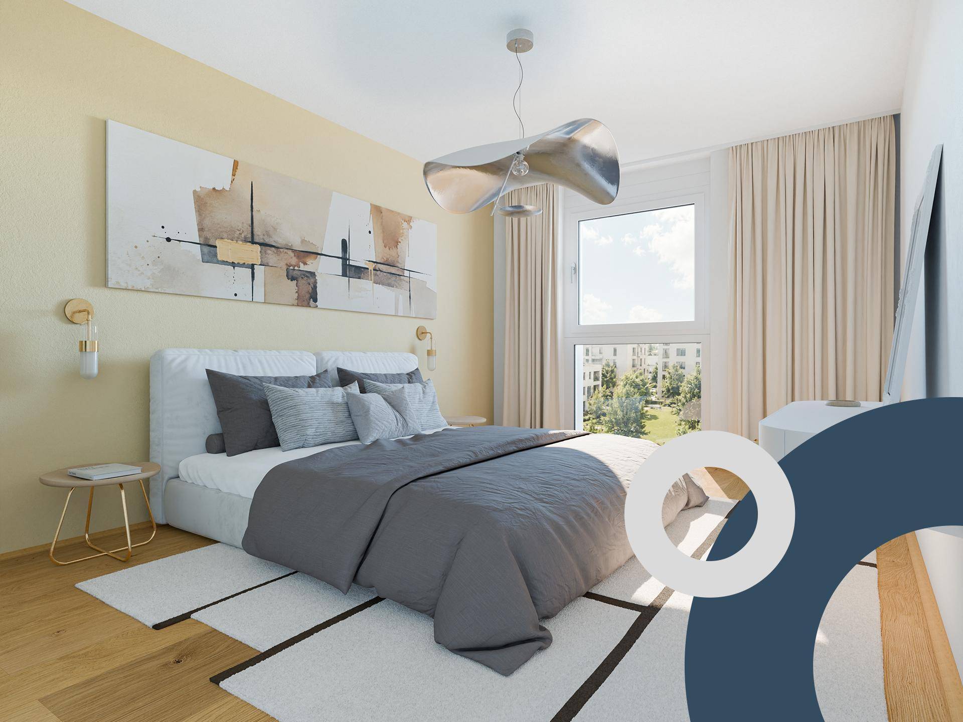 Helles Schlafzimmer mit modernem Bett, Kunstwerk und großen Fenstern.