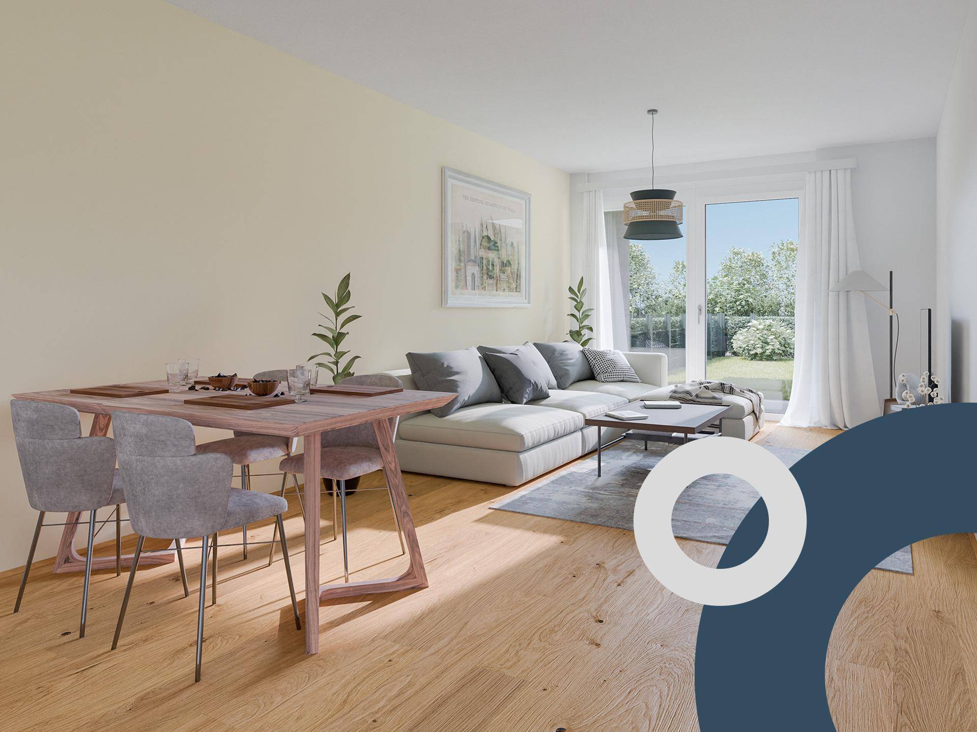 Heller Wohn-Essbereich mit Holztisch, Sofa und Zugang zum Garten.
