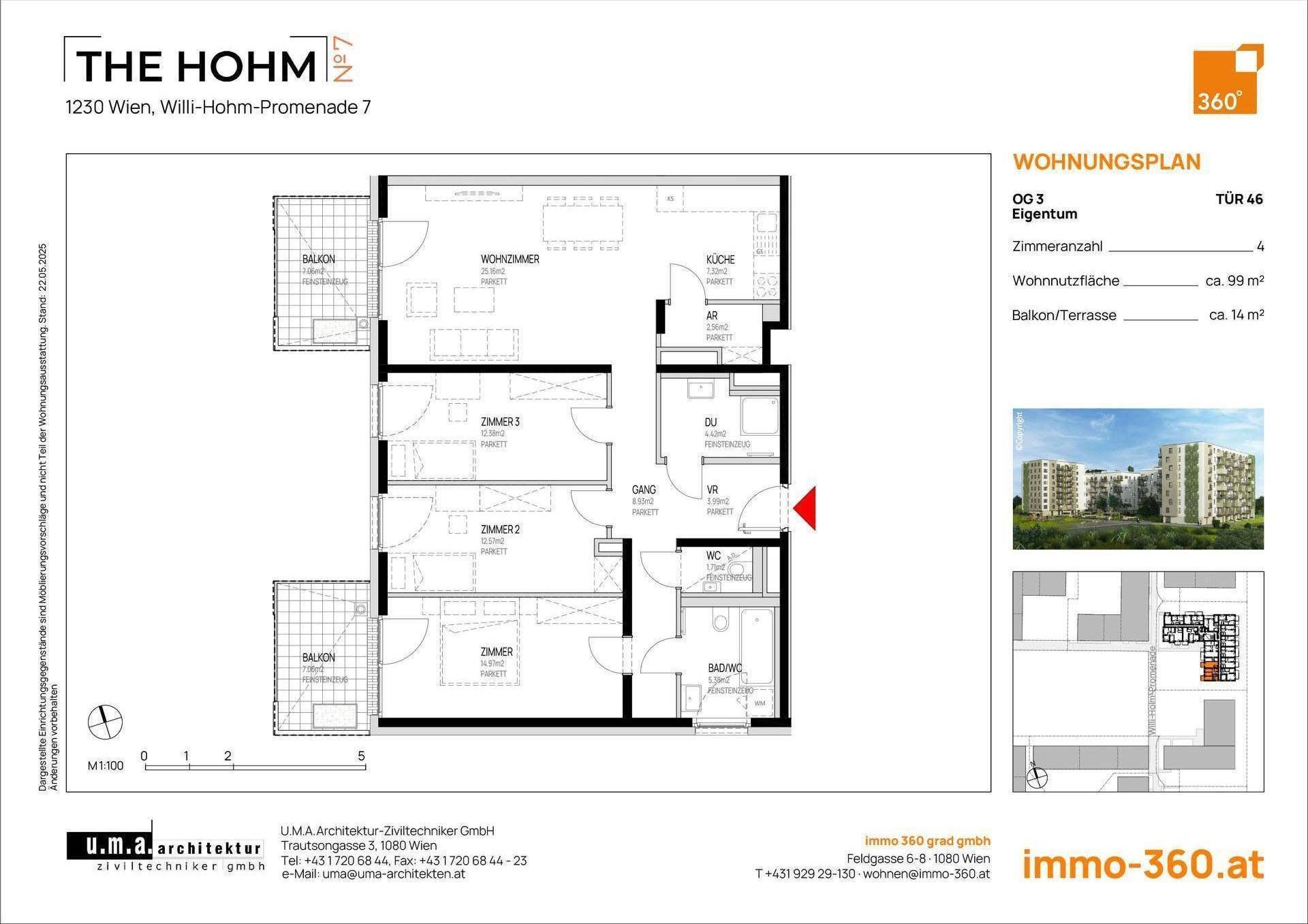 Grundriss einer 99 m² Wohnung mit vier Zimmern und zwei Balkonen.