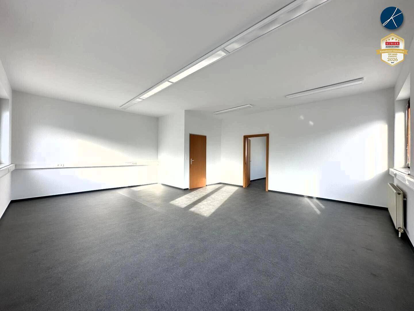 Geräumiger, heller Büroraum mit Fenstern und Türen, bietet viel Potenzial für verschiedene Nutzungen.
