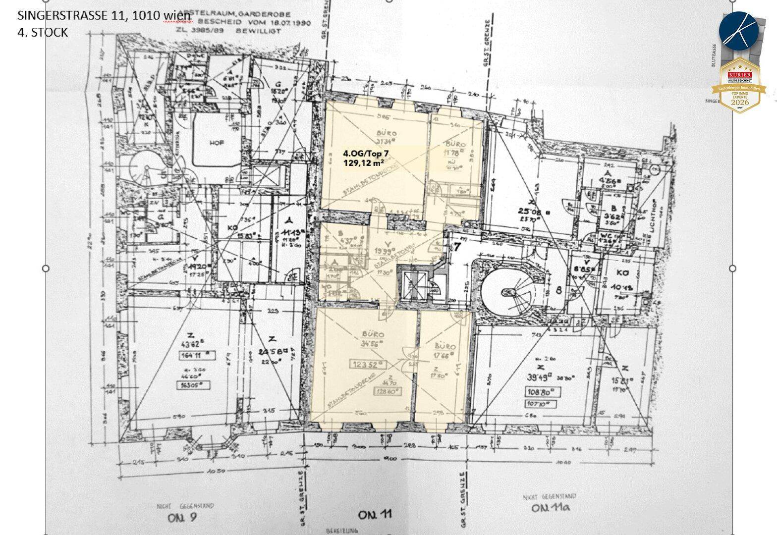 Detaillierter Grundriss des 4. Stocks mit einer Fläche von 129,12 m² und mehreren Räumen.