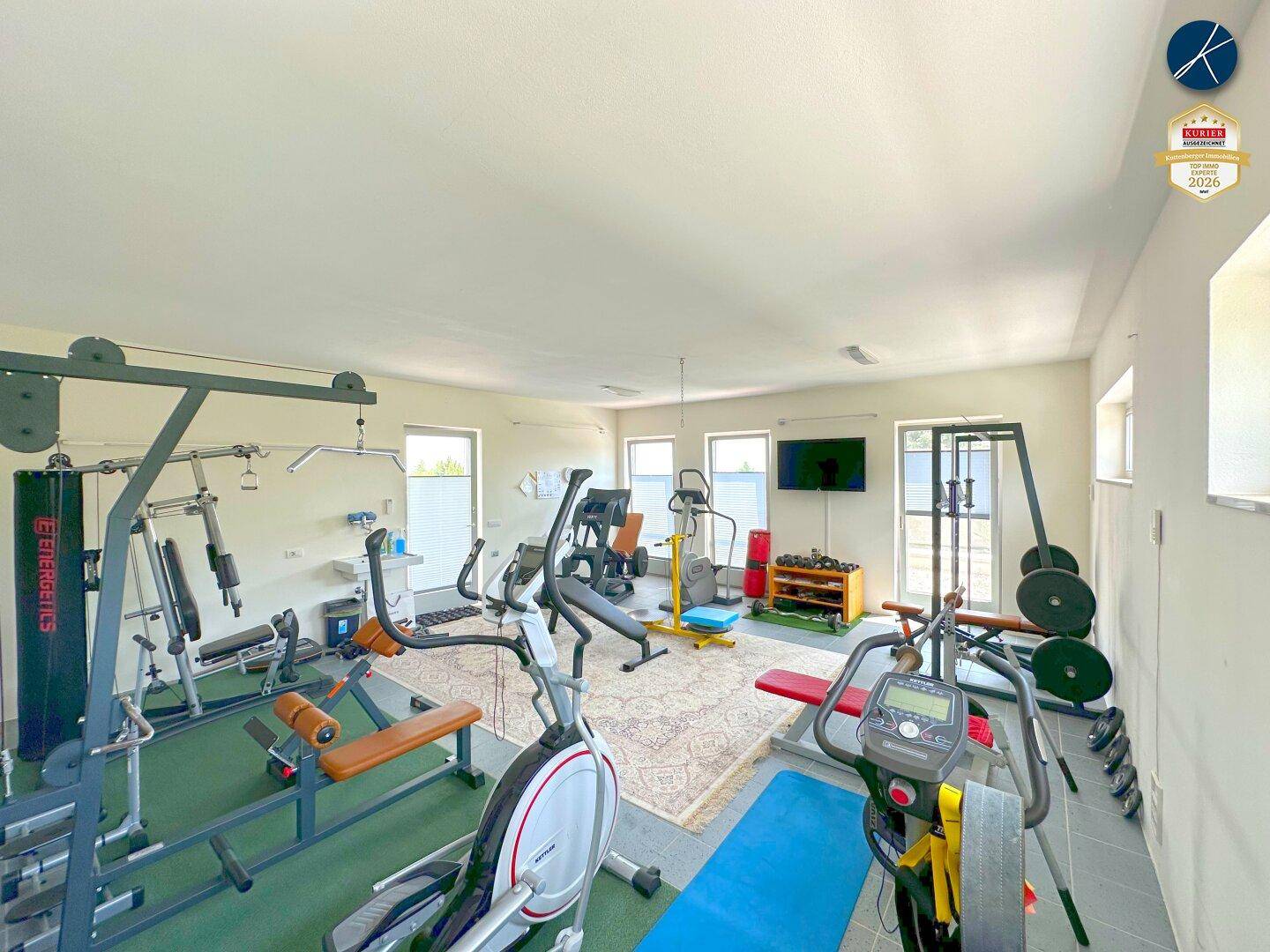 Gut ausgestatteter Fitnessraum mit verschiedenen Trainingsgeräten und Fenstern.