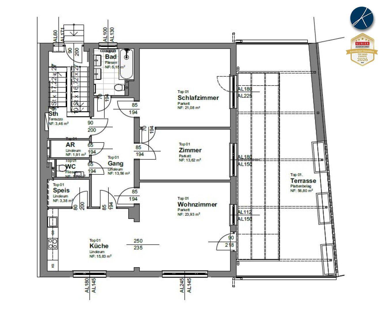 Detaillierter Grundriss einer Wohnung mit drei Zimmern, großer Terrasse und separater Küche.