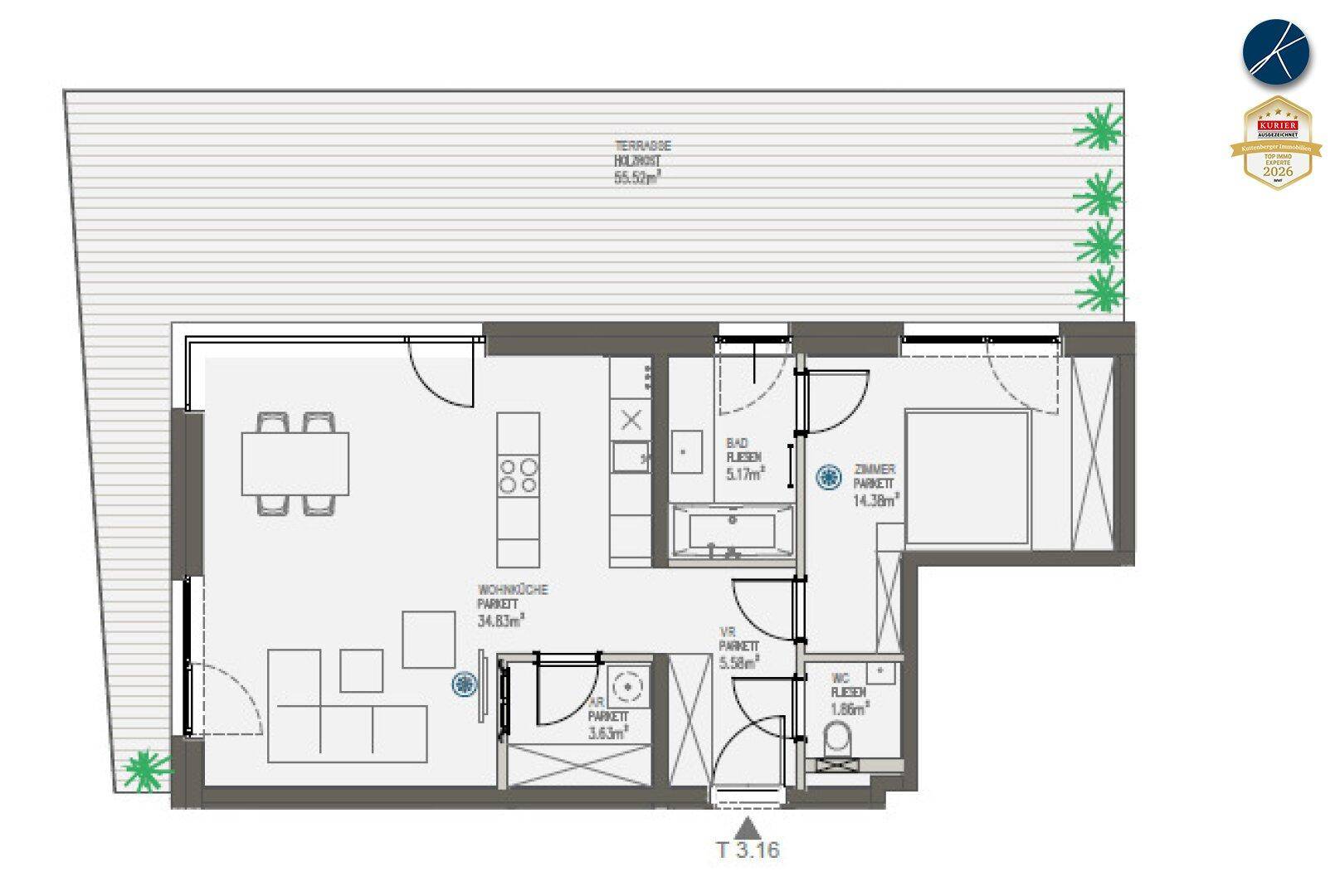 Detaillierter Grundriss einer Wohnung mit offener Wohnküche, Schlafzimmer und großer Terrasse.