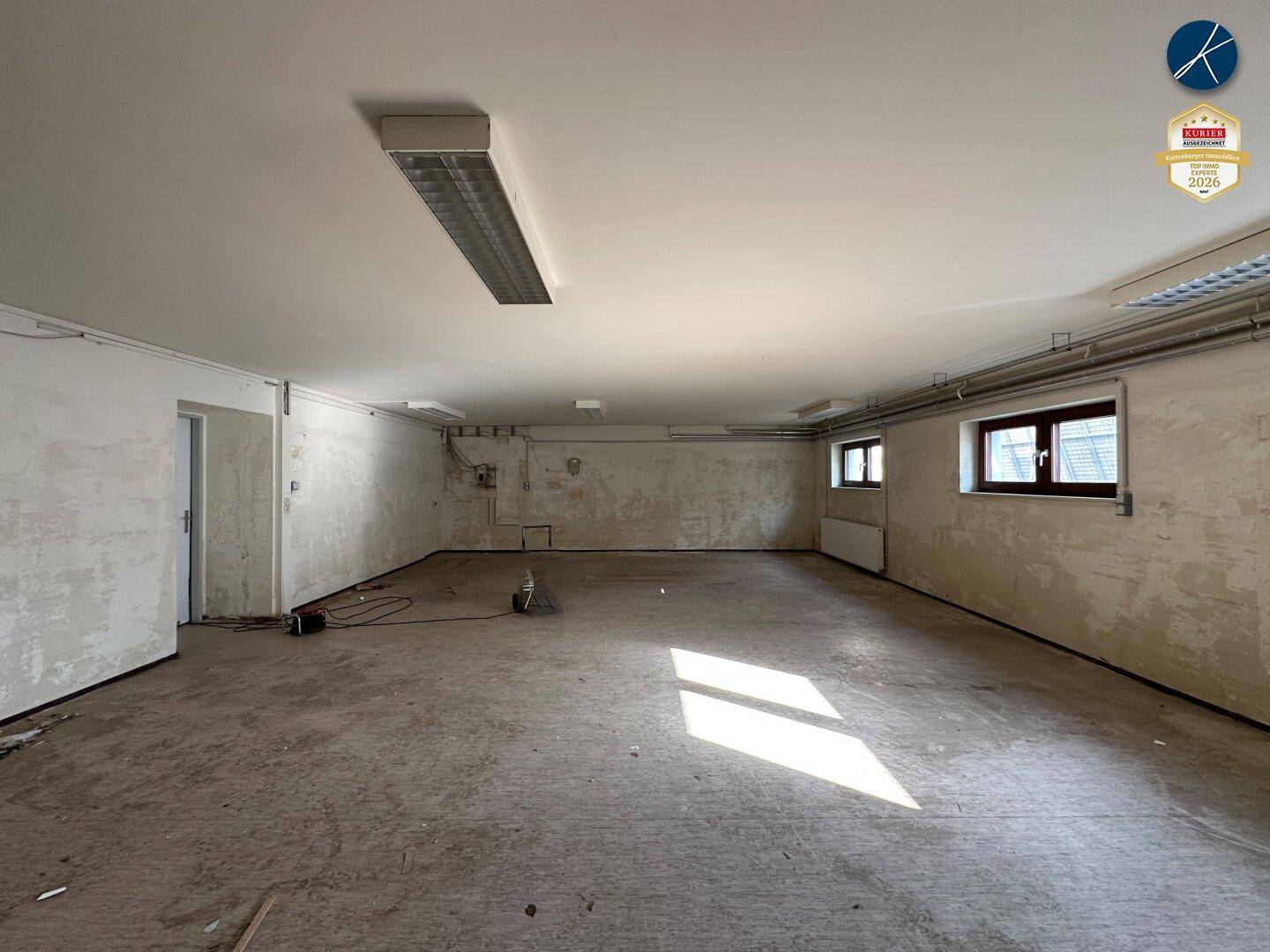 Geräumiger Kellerraum mit Betonboden, Tageslicht durch Fenster und sichtbaren Deckeninstallationen.