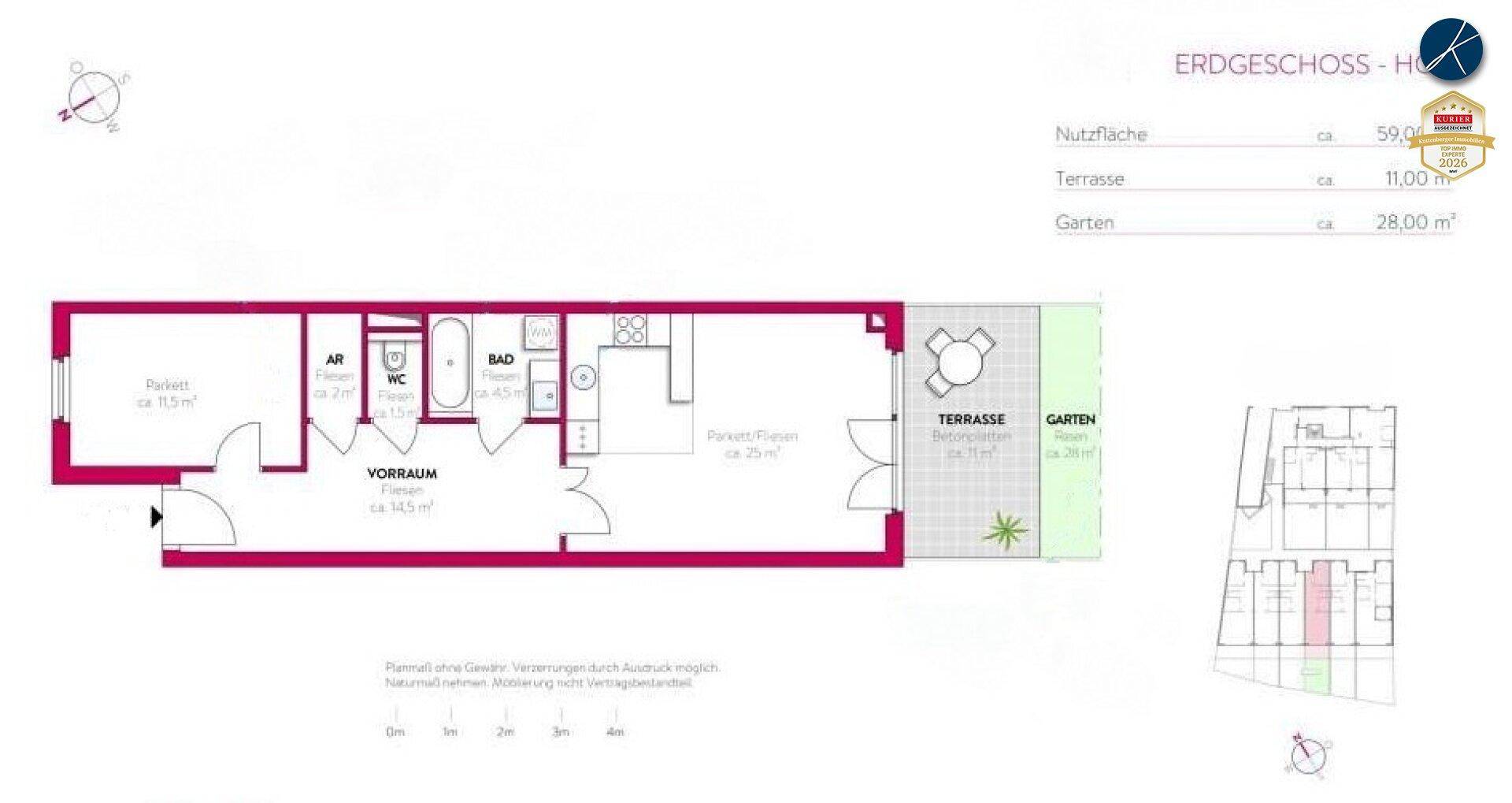 Grundriss des Erdgeschosses mit Wohnbereich, Bad, Terrasse und Garten.