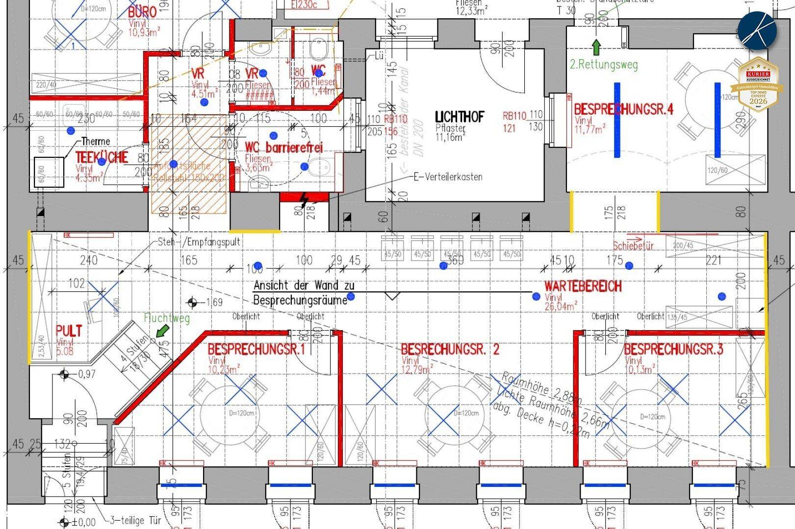 Detaillierter Grundriss mit mehreren Besprechungsräumen, Teeküche und barrierefreiem WC.