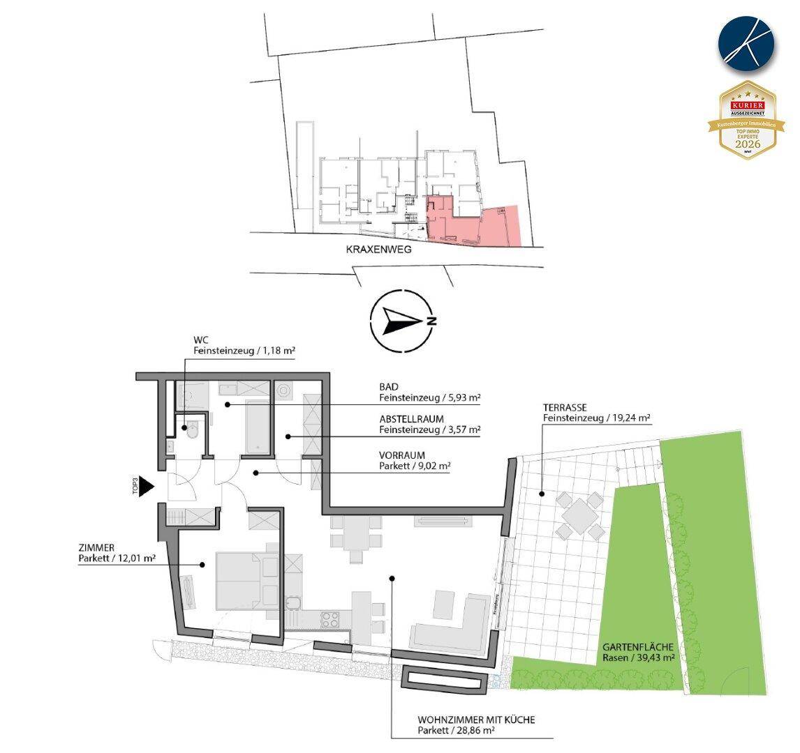 Detaillierter Grundriss einer Wohneinheit mit Terrasse und Gartenfläche.