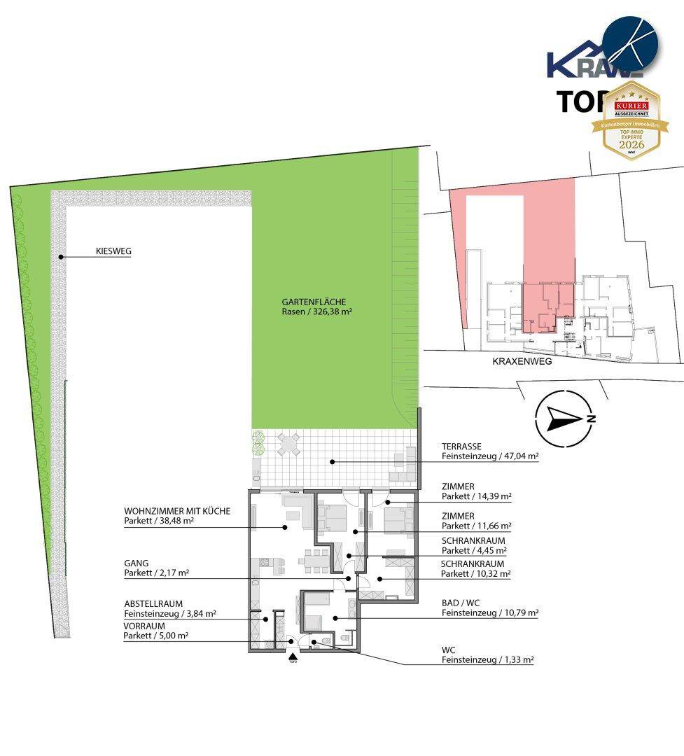 Detaillierter Grundriss mit Raumaufteilung, Terrassen- und Gartenflächenangaben.