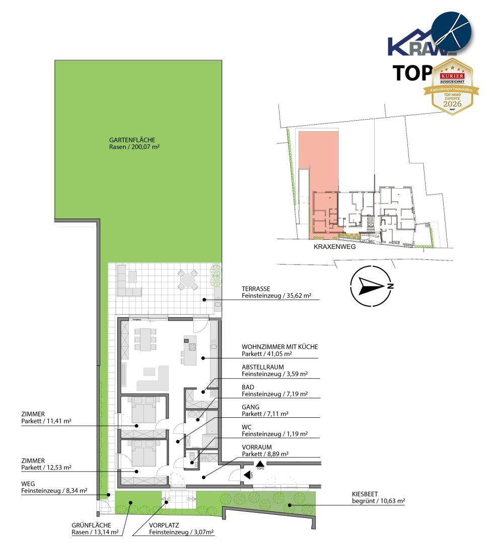 Detaillierter Grundriss einer Erdgeschosswohnung mit Terrasse und großer Gartenfläche.
