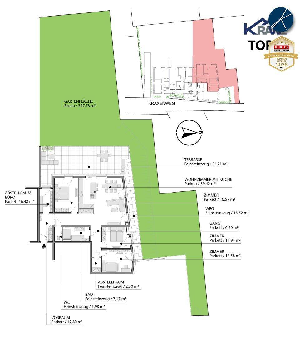 Detaillierter Grundriss mit Raumaufteilung, Terrasse und großer Gartenfläche.
