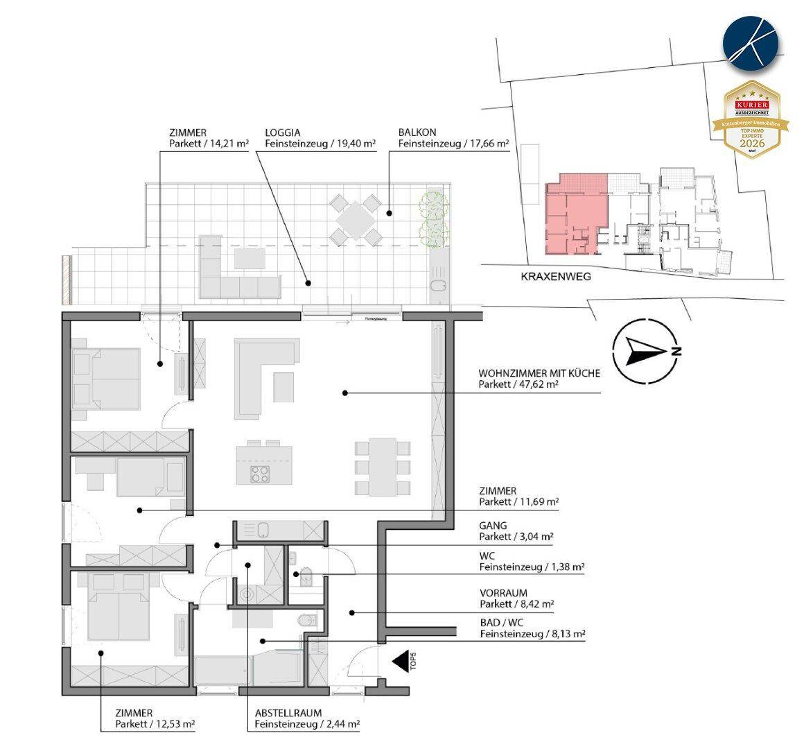 Detaillierter Grundriss einer Wohneinheit mit offener Wohnküche und Zugang zu Balkon und Loggia.