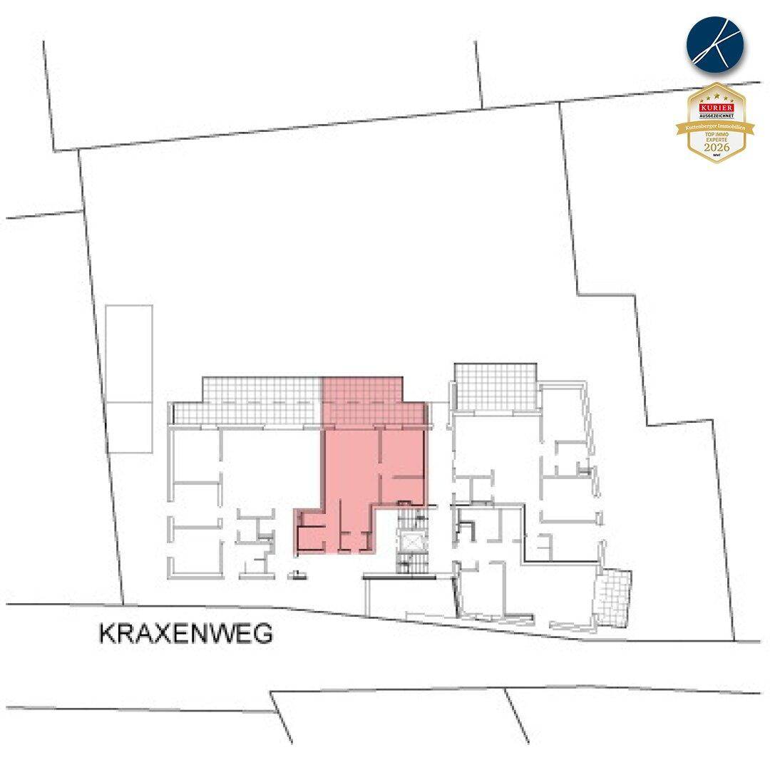 Grundrissplan eines Gebäudes mit hervorgehobener Wohneinheit und Straßenverlauf.