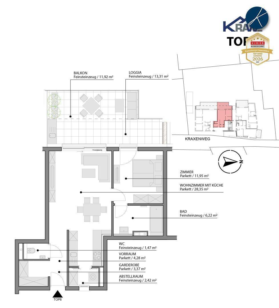 Grundriss einer Wohnung mit offenem Wohnbereich, einem Schlafzimmer, Bad, separatem WC, Abstellraum, Garderobe, Balkon und Loggia.