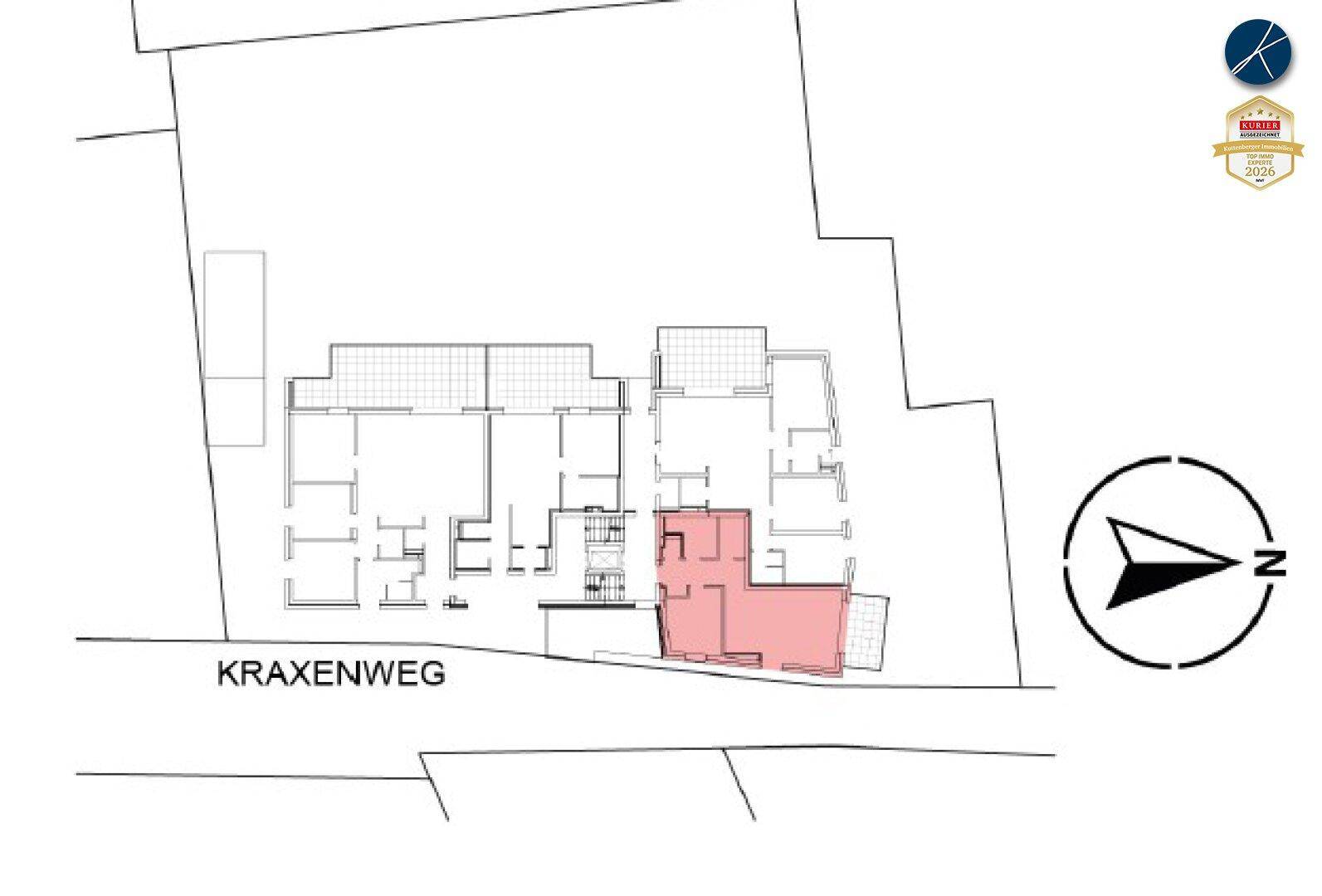 Übersichtsplan des Gebäudes mit Lage der Wohnung und Himmelsrichtung.
